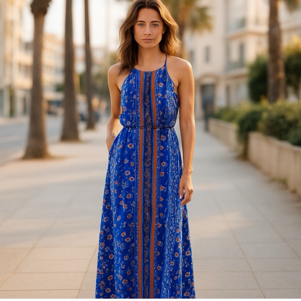 Japna Navy Blue Floral Chiffon Halter Maxi Dress | Size Small